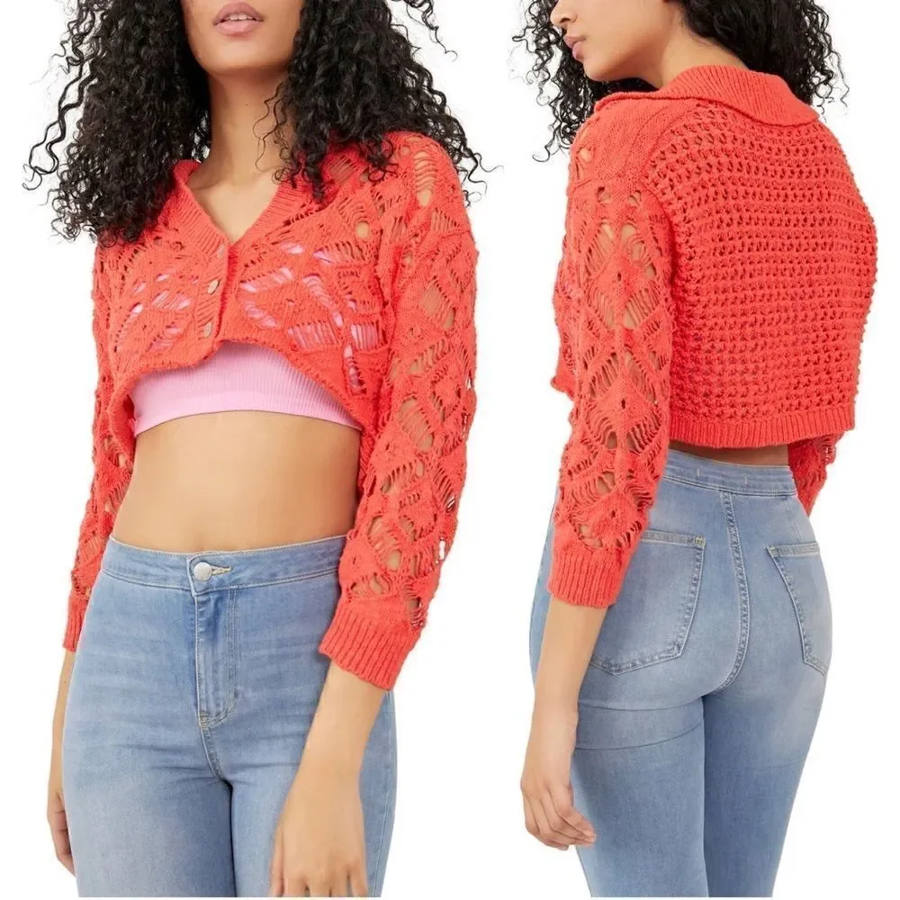 NWT Free People Sedona Open Knit Cropped Cardigan in Guava Berry, Size Small